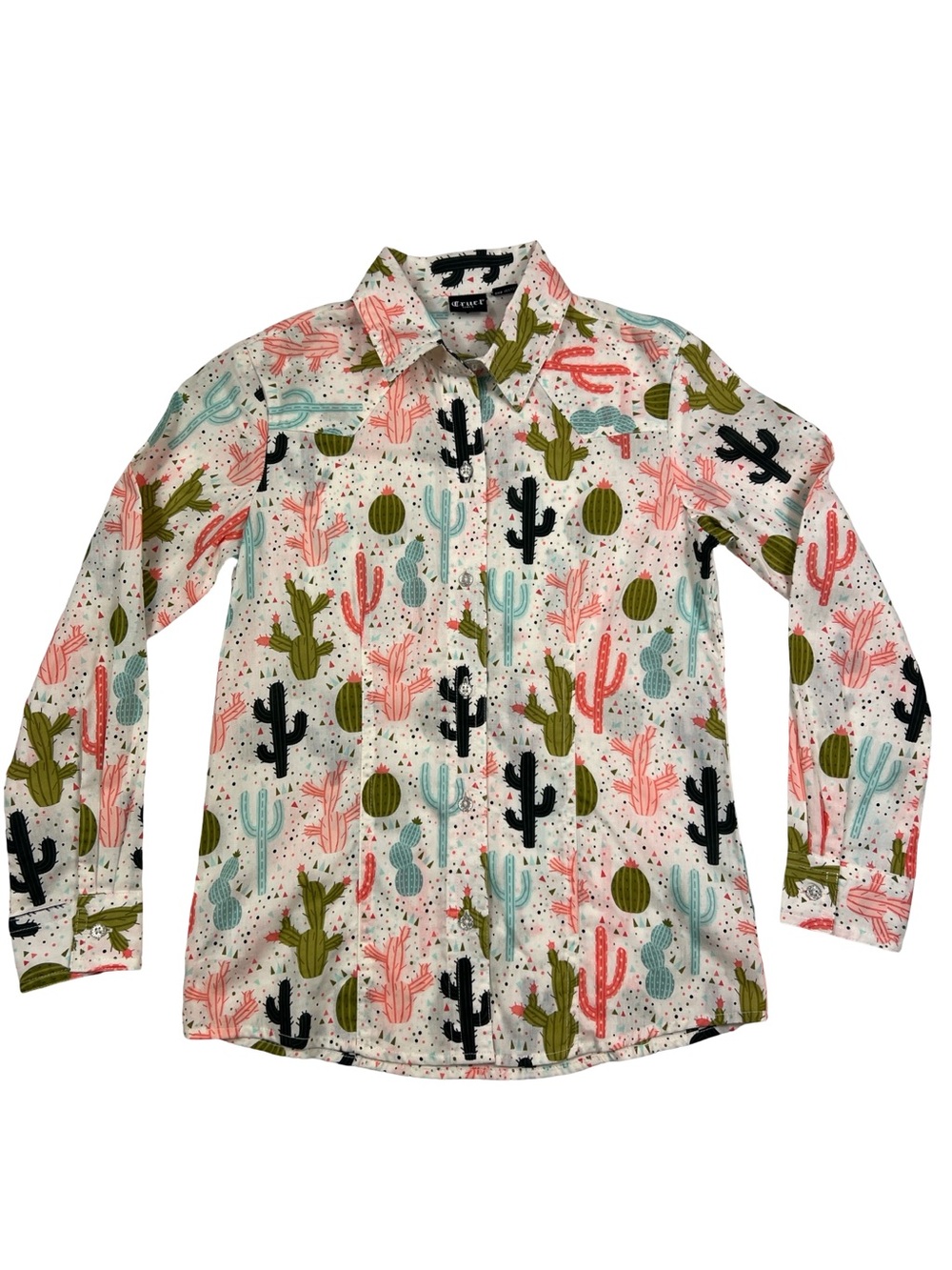 Cruel Girls 100% Cotton Button Down Shirt Pink & Green Cactus Print Size M/8